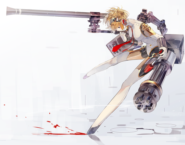 Anime picture 1274x1000 with persona 3 persona aegis syokumura single short hair blue eyes blonde hair white background full body looking down girl weapon necktie headphones blood android