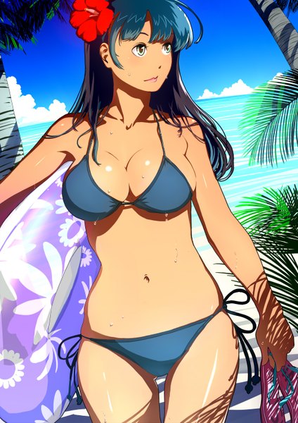 Anime picture 1000x1414 with original twinpoo single long hair tall image fringe breasts light erotic large breasts holding yellow eyes blue hair looking away cloud (clouds) outdoors hair flower bare belly shadow sweat beach