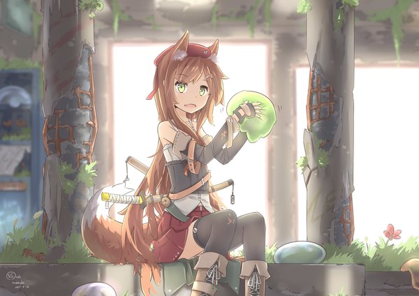Anime picture 3508x2480 with original hinbackc single long hair highres open mouth brown hair sitting holding green eyes signed animal ears absurdres tail animal tail pleated skirt fox ears dated fox tail fox girl