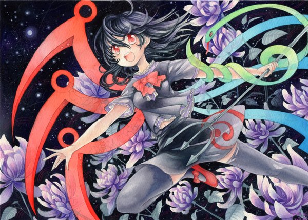 Anime picture 1500x1073 with touhou houjuu nue mosho single blush short hair open mouth black hair red eyes looking away spread arms space traditional media watercolor (medium) asymmetrical wings girl thighhighs flower (flowers) black thighhighs wings