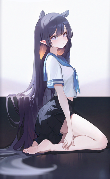 Anime picture 1000x1625 with virtual youtuber hololive hololive english ninomae ina'nis koahri single tall image looking at viewer fringe purple eyes purple hair full body very long hair pleated skirt barefoot pointy ears mole bare legs short sleeves alternate costume