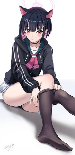 Anime picture 1158x2374 with blue archive kazusa (blue archive) may9 single tall image looking at viewer blush fringe short hair light erotic black hair simple background red eyes white background sitting signed animal ears bent knee (knees) blunt bangs pleated skirt