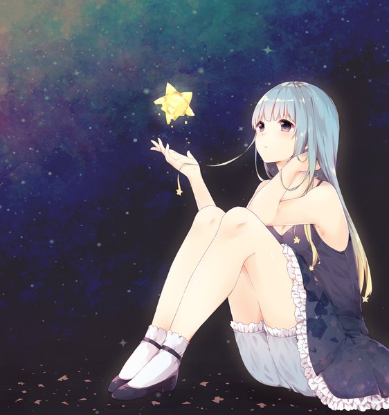 Anime picture 1800x1920 with original manatsuki manata single long hair tall image fringe highres light erotic sitting bare shoulders full body blunt bangs multicolored hair black eyes aqua hair outstretched arm gradient hair looking up arm around neck girl