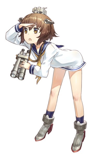 Anime picture 547x925 with kantai collection yukikaze destroyer benitama single tall image fringe short hair open mouth simple background brown hair white background brown eyes leaning leaning forward salute girl uniform hair ornament socks serafuku