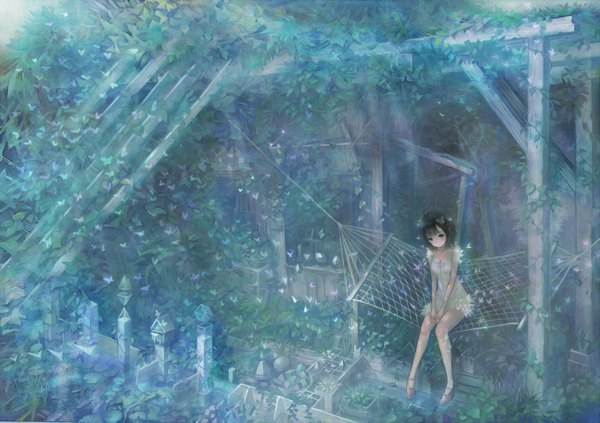 Anime picture 2000x1411 with original yoshiku (oden-usagi) single highres short hair blue eyes black hair smile sitting girl flower (flowers) plant (plants) water insect butterfly sundress water lily hammock
