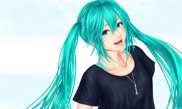 Anime picture 1312x787 with vocaloid hatsune miku nakacha single long hair looking at viewer open mouth smile wide image twintails very long hair aqua eyes realistic aqua hair girl