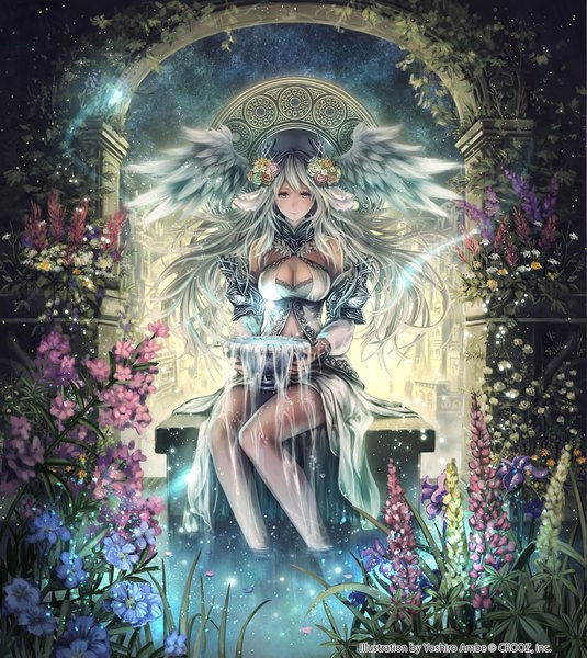 Anime picture 1428x1600 with shinma x keishou! ragnabreak original anbe yoshirou long hair tall image looking at viewer blue eyes sitting silver hair hair flower girl dress hair ornament flower (flowers) detached sleeves wings water