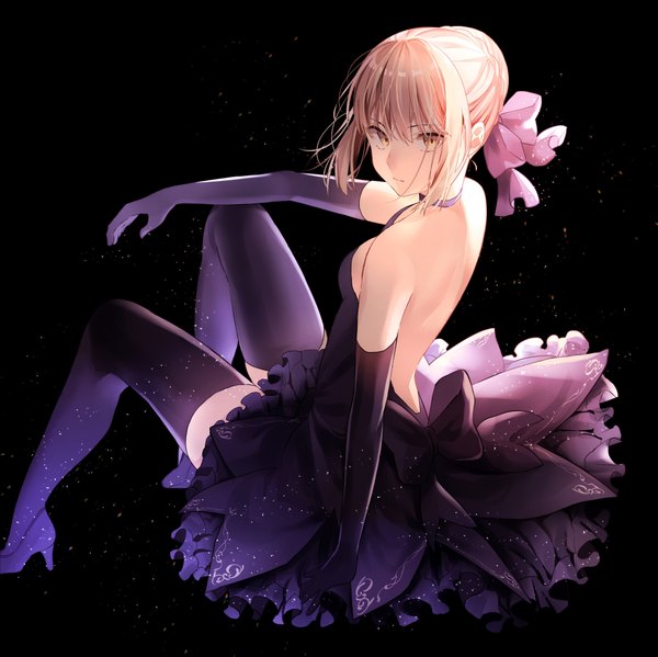 Anime picture 3966x3963 with fate (series) fate/grand order fate/stay night artoria pendragon (all) saber alter lq saku single fringe highres short hair breasts blonde hair simple background hair between eyes sitting bare shoulders yellow eyes payot absurdres full body