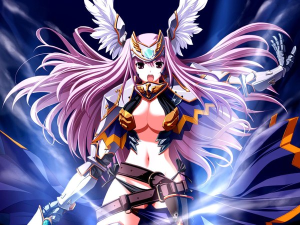 Anime picture 1600x1200 with shirogane no soleil skyfish (studio) hagall valkyr tsurugi hagane single long hair looking at viewer breasts open mouth light erotic large breasts pink hair game cg floating hair outstretched arm head wings girl navel underwear panties