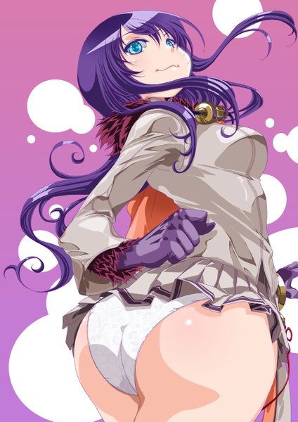 Anime picture 900x1273 with blade & soul rantia (artist) single long hair tall image blush blue eyes light erotic purple hair ass girl gloves underwear panties
