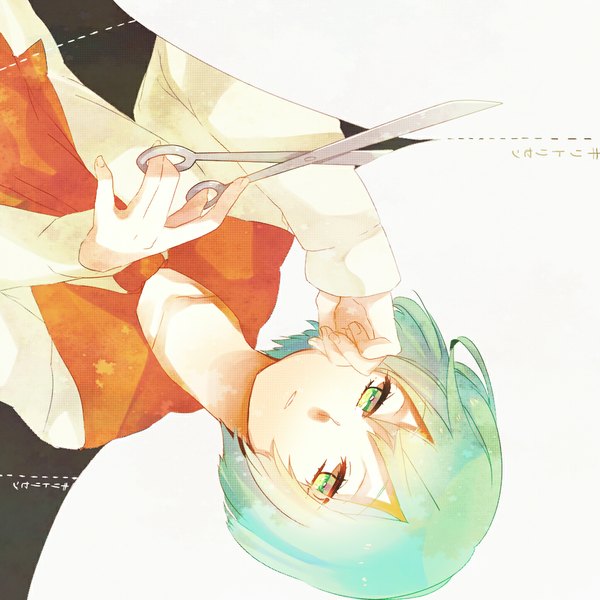 イラスト 1024x1024 と ボーカロイド gumi kyama ソロ 短い髪 simple background 白背景 緑の目 green hair 女の子 scissors