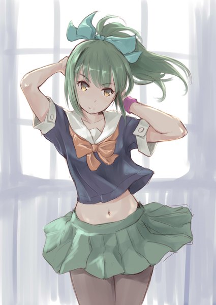 Anime picture 2507x3541 with kantai collection yuubari light cruiser wa (genryusui) single long hair tall image highres brown hair looking away ponytail pleated skirt green hair arms behind head girl skirt navel bow ribbon (ribbons) hair bow hair ribbon