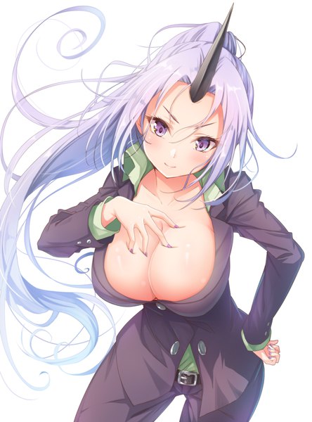 Anime picture 780x1052 with tensei shitara slime datta ken 8bit shion (tensei shitara slime datta ken) matokechi single long hair tall image looking at viewer blush fringe breasts light erotic simple background large breasts standing white background purple eyes payot cleavage purple hair