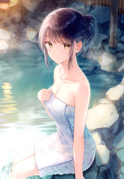 Anime picture 2406x3464 with original hiten (hitenkei) single tall image looking at viewer fringe highres short hair breasts light erotic black hair smile brown eyes payot outdoors ponytail blunt bangs steam soaking feet naked towel