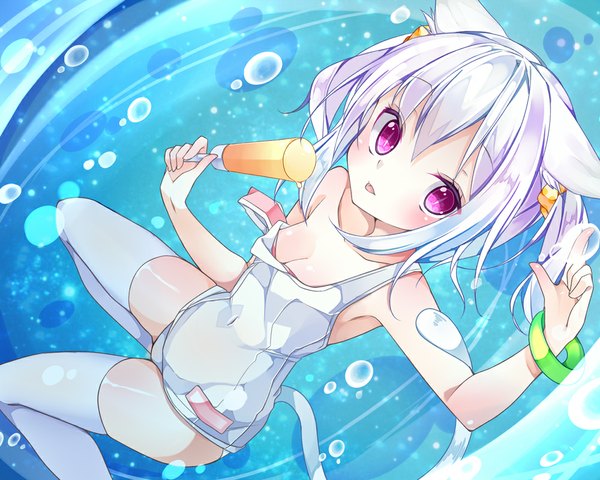 Anime picture 1000x800 with original chico152 single blush short hair open mouth light erotic animal ears white hair pink eyes cat ears cat girl cat tail girl thighhighs swimsuit white thighhighs food bracelet sweets