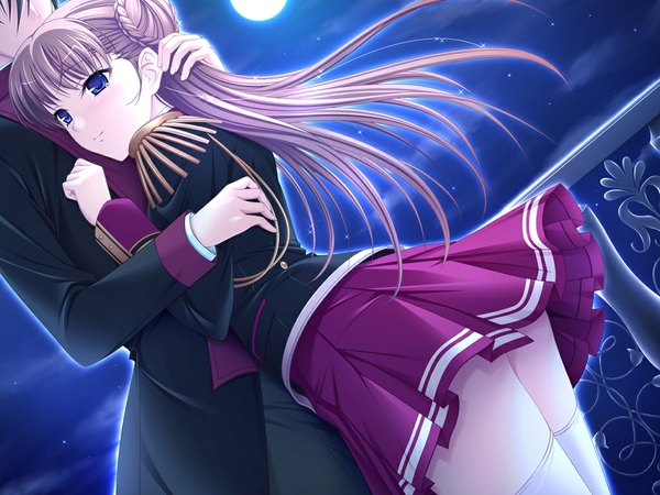 Anime picture 1024x768 with walkure romanze noel marres ascot komori kei long hair light erotic brown hair purple eyes game cg night girl moon