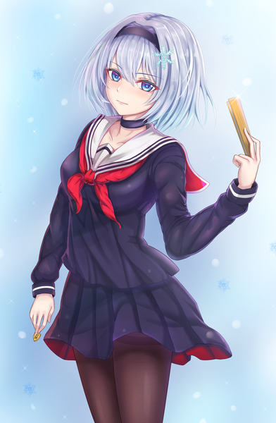 Anime-Bild 1700x2600 mit ryuuou no oshigoto! sora ginko penguintake single tall image looking at viewer blush fringe short hair blue eyes simple background hair between eyes standing holding silver hair pleated skirt snowing blue background girl skirt