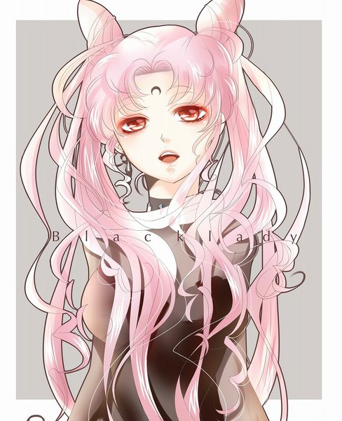 Anime picture 833x1024 with bishoujo senshi sailor moon toei animation chibiusa black lady shina himetsuka single long hair tall image looking at viewer open mouth red eyes twintails pink hair very long hair parted lips hair bun (hair buns) character names messy hair girl dress