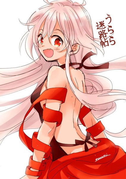 Anime picture 566x800 with urara meirochou j.c. staff chiya (urara meirochou) sugano manami single long hair tall image open mouth simple background red eyes white background signed silver hair upper body :d looking back fang (fangs) copyright name back bare back