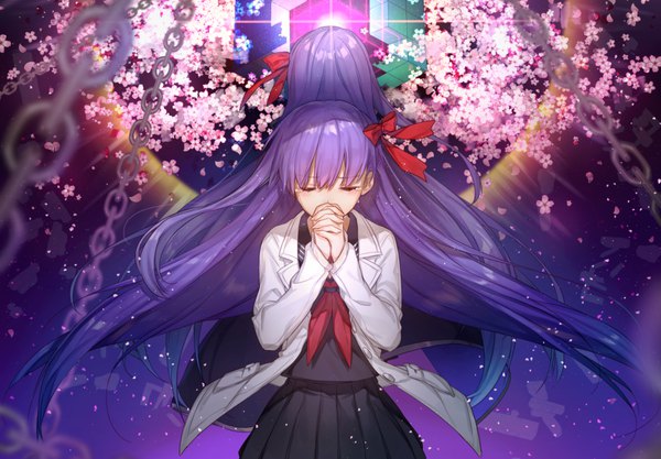 Anime picture 1070x744 with fate (series) fate/extra fate/extra ccc matou sakura bb (fate) (all) bb (fate/extra) chocoan long hair fringe standing multiple girls purple hair blunt bangs eyes closed pleated skirt cherry blossoms hands clasped back to back interlocked fingers praying