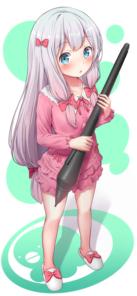 Anime picture 1001x2159 with eromanga sensei a-1 pictures izumi sagiri superpig (wlstjqdla) single long hair tall image looking at viewer blush blue eyes silver hair full body from above low ponytail girl bow hair bow shoes pajamas slippers