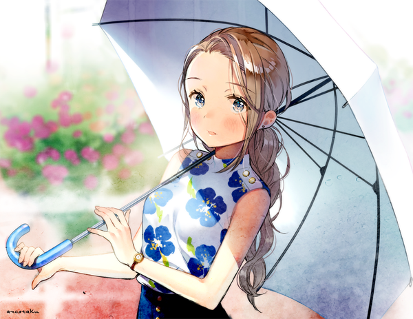 Anime picture 1000x772 with original ancotaku single long hair looking at viewer blush open mouth blue eyes smile brown hair holding signed outdoors :d light smile sunlight blurry shadow depth of field sleeveless