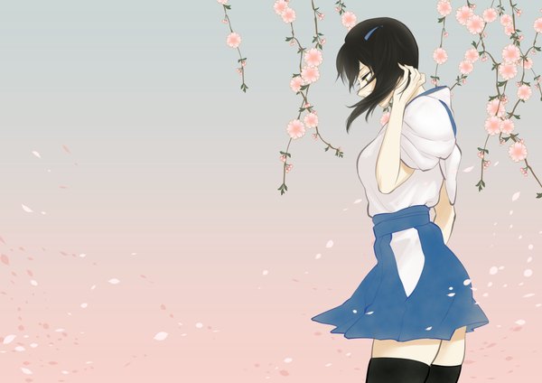 Anime picture 2000x1416 with kantai collection kaga aircraft carrier shoukaki (earthean) single highres short hair black hair brown eyes traditional clothes profile girl thighhighs flower (flowers) black thighhighs petals
