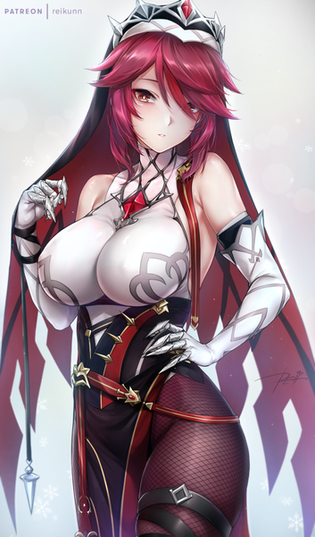 Anime picture 588x1000 with genshin impact rosaria (genshin impact) rei kun single tall image looking at viewer blush fringe short hair breasts light erotic simple background red eyes large breasts standing bare shoulders signed payot red hair parted lips