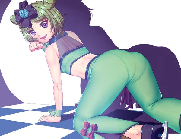 Anime picture 1213x933 with pretty rhythm pretty rhythm rainbow live pretty (series) morizono wakana harihisa single looking at viewer short hair open mouth light erotic smile purple eyes ass green hair shadow turning head light checkered floor girl hair ornament