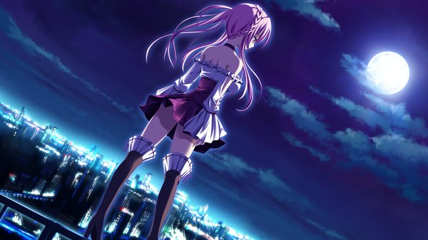 Anime picture 2560x1440 with gensou no idea nanami naru single long hair highres blonde hair red eyes wide image twintails bare shoulders looking away game cg sky cloud (clouds) city girl dress detached sleeves moon thigh boots