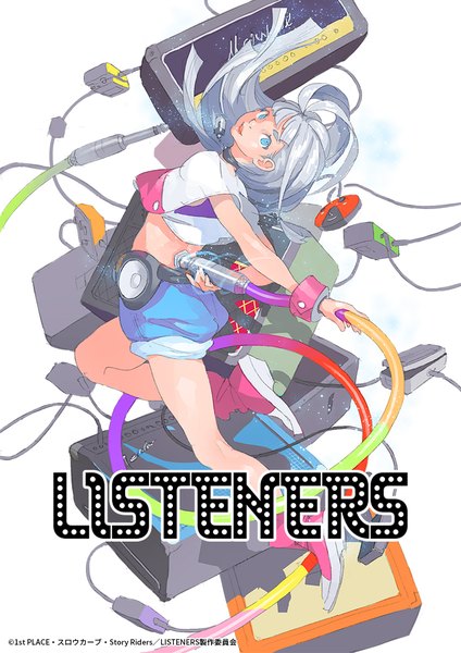 Anime picture 800x1131 with listeners mu (listeners) pomodorosa single long hair tall image looking at viewer fringe blue eyes silver hair full body official art bare legs copyright name girl shorts short shorts cable