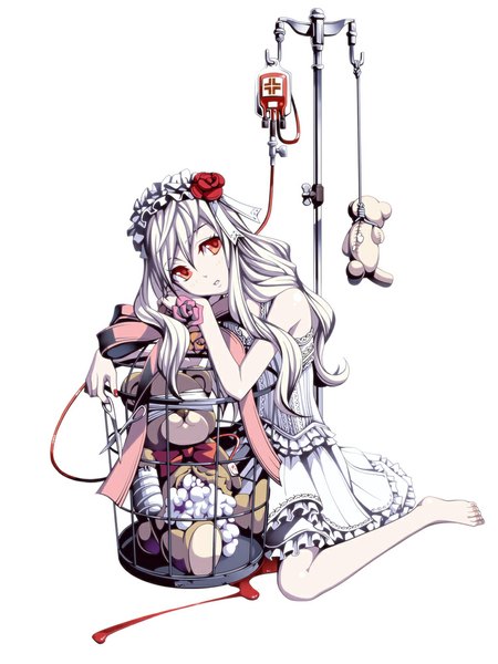 Anime picture 750x1000 with original torigoe takumi single long hair tall image simple background red eyes white background bare shoulders white hair barefoot bare legs girl dress flower (flowers) ribbon (ribbons) headdress blood toy stuffed animal