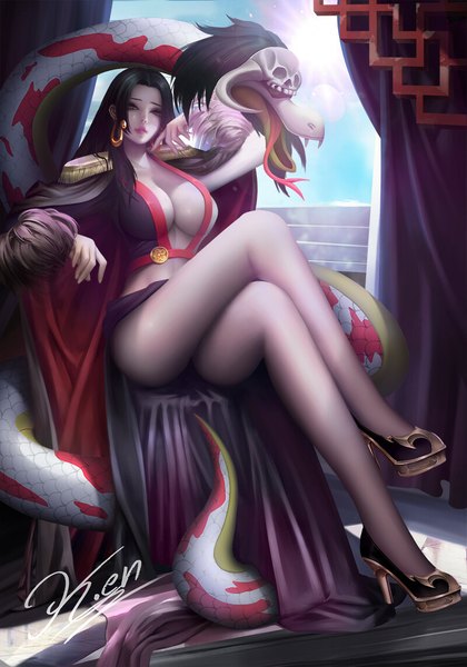 Anime picture 800x1143 with one piece toei animation boa hancock salome (one piece) yuanhua5540 single long hair tall image looking at viewer breasts light erotic black hair large breasts sitting brown eyes signed payot cleavage full body indoors