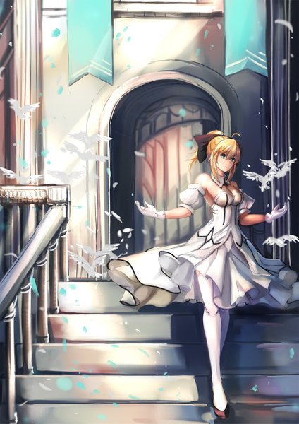Anime picture 1772x2505 with fate (series) fate/unlimited codes artoria pendragon (all) saber lily aikawa juujutsu machi single tall image highres short hair blonde hair green eyes looking away ahoge ponytail parted lips puffy sleeves spread arms girl thighhighs dress