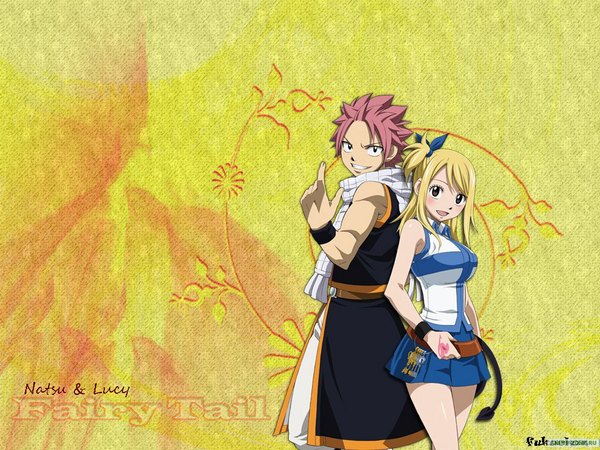 Anime picture 1024x768 with fairy tail lucy heartfilia natsu dragneel long hair blush short hair open mouth blonde hair simple background smile brown eyes pink hair tattoo sleeveless one side up muscle back to back girl boy miniskirt