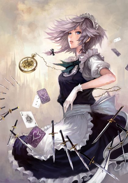 Anime picture 850x1214 with touhou izayoi sakuya fenrir (weir) single tall image looking at viewer short hair blue eyes purple hair braid (braids) lips maid twin braids gloves bow weapon hair bow white gloves headdress maid headdress