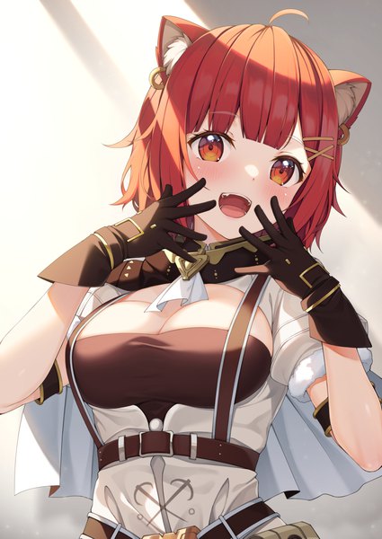 Anime picture 1254x1771 with virtual youtuber nijisanji ratna petit yuuri nayuta single tall image blush short hair breasts open mouth red eyes large breasts animal ears cleavage upper body ahoge red hair :d girl gloves