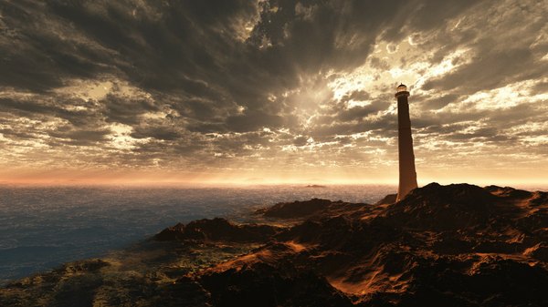 Anime picture 1920x1080 with original trbrchdm highres wide image sky cloud (clouds) no people sea island lighthouse