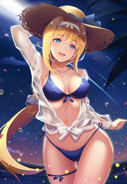 Anime picture 1039x1500 with sword art online sword art online: alicization a-1 pictures alice zuberg l.bou single long hair tall image looking at viewer blush fringe breasts open mouth blue eyes light erotic blonde hair smile hair between eyes large breasts standing