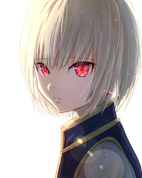 Anime picture 800x1000 with hunter x hunter kurapica ore suzuki single tall image looking at viewer fringe short hair simple background blonde hair hair between eyes red eyes white background upper body parted lips sunlight lens flare portrait shiny shiny clothes