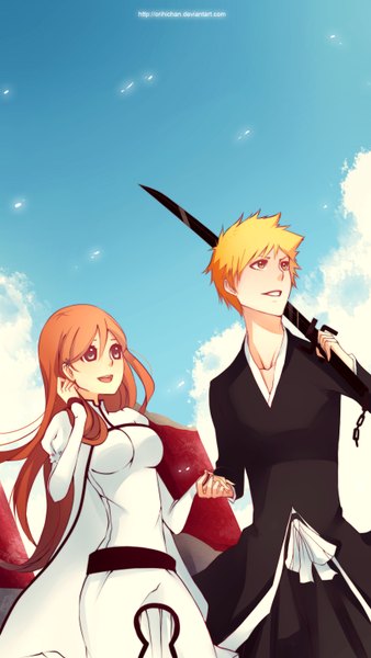 Anime picture 1748x3100 with bleach studio pierrot kurosaki ichigo inoue orihime persona92 (orichie) long hair tall image highres short hair open mouth smile signed sky cloud (clouds) orange hair holding hands weapon over shoulder girl boy weapon