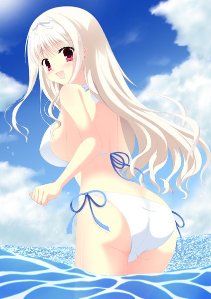 Anime picture 1000x1414 with da capo iii yoshino charles single long hair tall image blush breasts open mouth light erotic red eyes sky cloud (clouds) white hair girl swimsuit bikini hairband sea