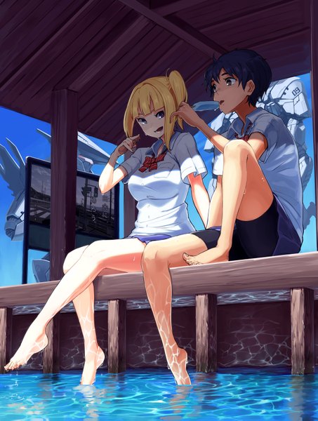 Anime picture 1213x1607 with original omaru gyuunyuu tall image fringe short hair breasts open mouth black hair blonde hair sitting brown eyes looking away ponytail pleated skirt barefoot bare legs legs side ponytail happy eating