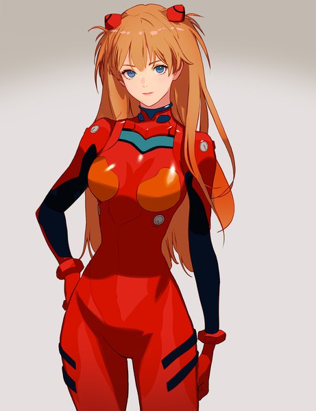 Anime picture 1300x1692 with neon genesis evangelion gainax soryu asuka langley shikinami asuka langley takssmask single long hair tall image looking at viewer fringe breasts blue eyes simple background standing blunt bangs orange hair grey background two side up hand on hip gradient background