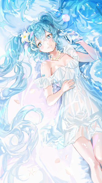 Anime picture 1000x1778 with vocaloid hatsune miku haruri single tall image blush fringe breasts smile hair between eyes twintails holding signed looking away lying very long hair nail polish parted lips hair flower aqua eyes