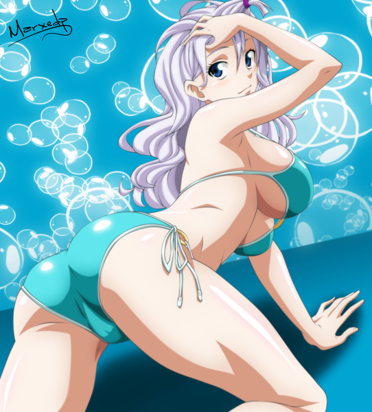Anime picture 1806x2000 with fairy tail mirajane strauss marxedp single long hair tall image highres blue eyes light erotic white hair looking back light smile armpit (armpits) coloring girl swimsuit bikini