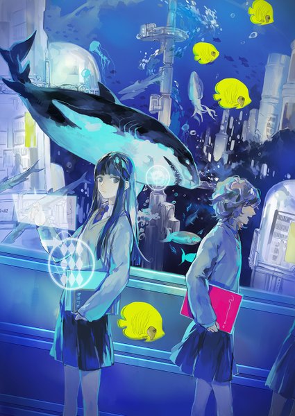 Anime picture 1000x1410 with original noir (ibaraki) long hair tall image short hair multiple girls multicolored hair grey eyes city underwater girl uniform 2 girls school uniform water bubble (bubbles) fish (fishes) musical note jellyfish shark