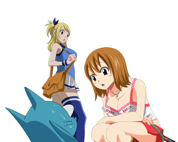 Anime picture 2354x1882 with fairy tail rave master studio deen lucy heartfilia happy (fairy tail) elie (rave) meiji (kurumierika) long hair blush highres open mouth blonde hair red eyes brown hair brown eyes tattoo sweat one side up transparent background crossover