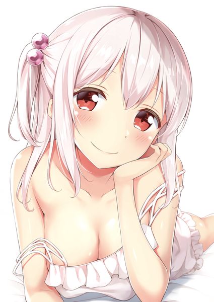 Anime picture 2508x3541 with original tisshu (karutamo) karutamo single long hair tall image looking at viewer blush fringe highres breasts light erotic smile hair between eyes red eyes large breasts white background silver hair lying one side up