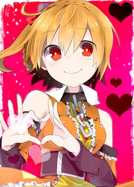 Anime picture 951x1326 with kagerou project shaft (studio) kisaragi momo mino futoshi tall image short hair blonde hair smile red eyes ahoge braid (braids) sleeveless one side up heart hands ribbon (ribbons) hair ribbon belt heart collar buttons